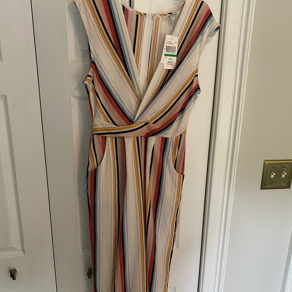 NWT SPEECHLESS Womens White Striped Cap Sleeve Cropped Jumpsuit Juniors Size: L
